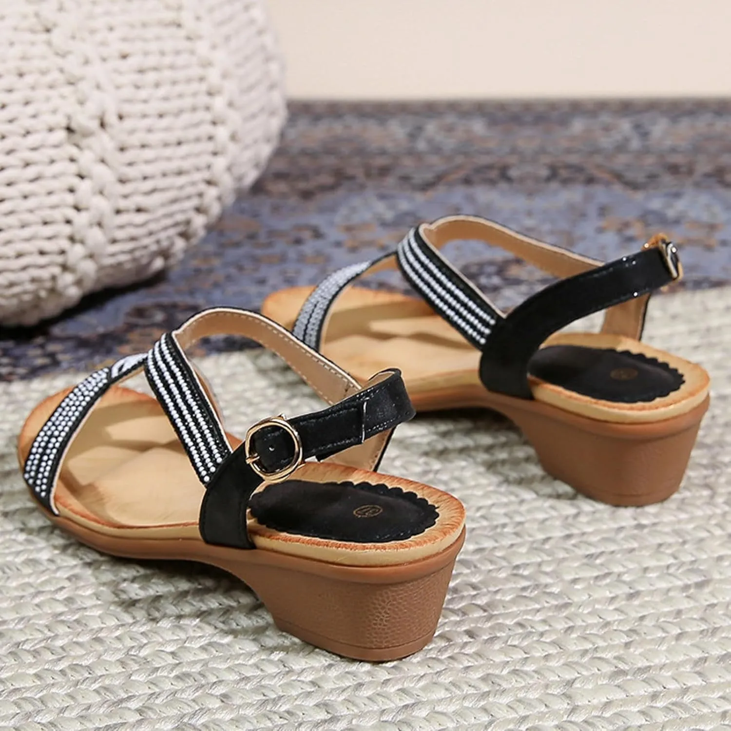 SuanlaTDS Wedge Sandals for Women Rhinestones Open Toe Ankle Strap Buckle Platform Wedding Shoes Party Pumps Comfortable Bohemian Low Wedges Chunky Block Heels Summer Dress Sandals