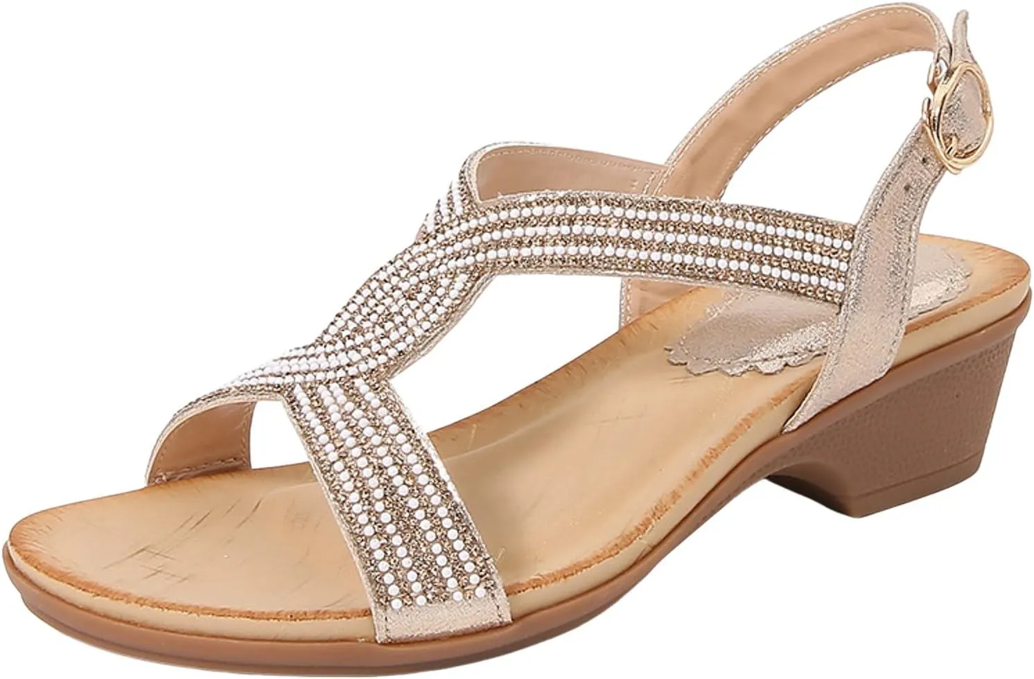 SuanlaTDS Wedge Sandals for Women Rhinestones Open Toe Ankle Strap Buckle Platform Wedding Shoes Party Pumps Comfortable Bohemian Low Wedges Chunky Block Heels Summer Dress Sandals