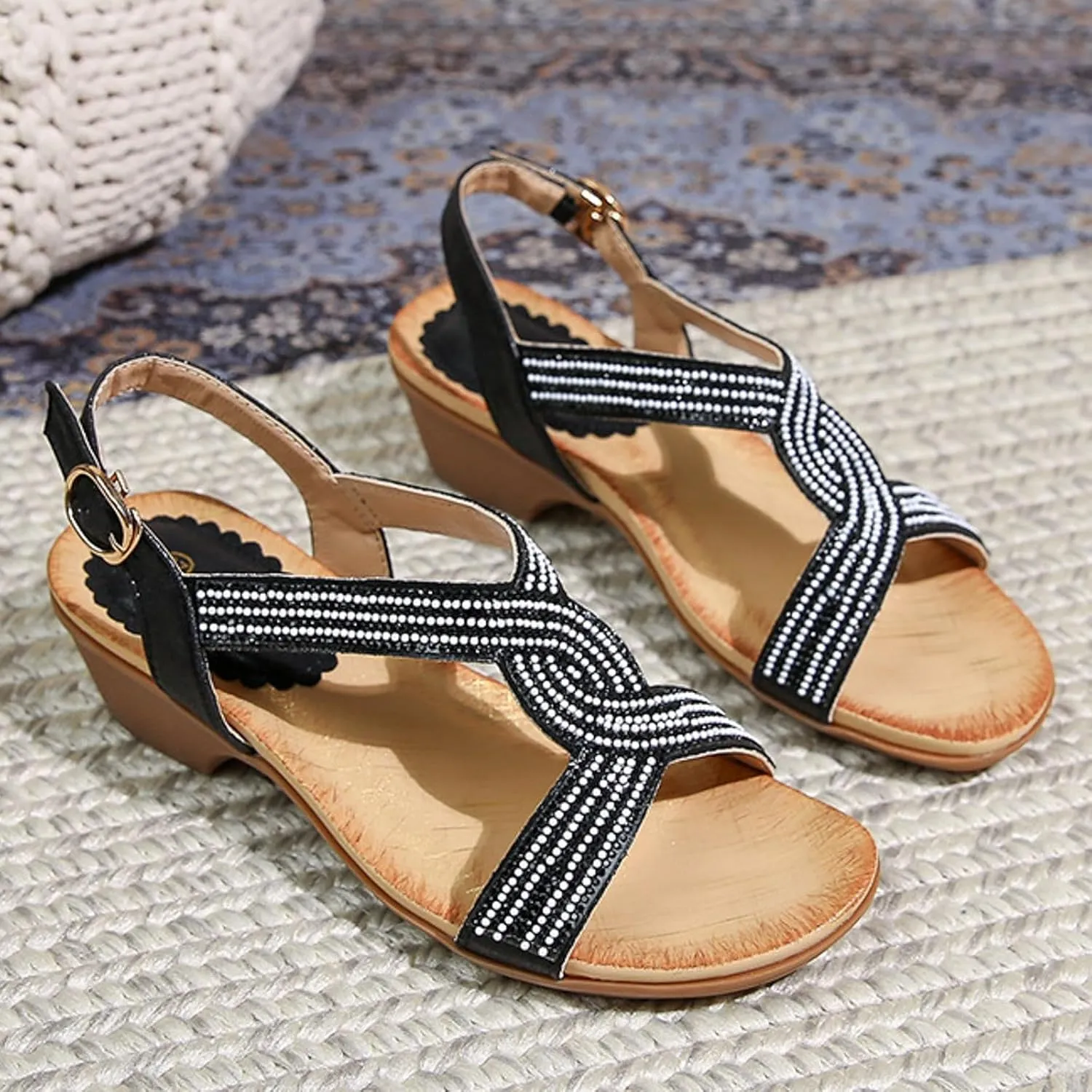 SuanlaTDS Wedge Sandals for Women Rhinestones Open Toe Ankle Strap Buckle Platform Wedding Shoes Party Pumps Comfortable Bohemian Low Wedges Chunky Block Heels Summer Dress Sandals