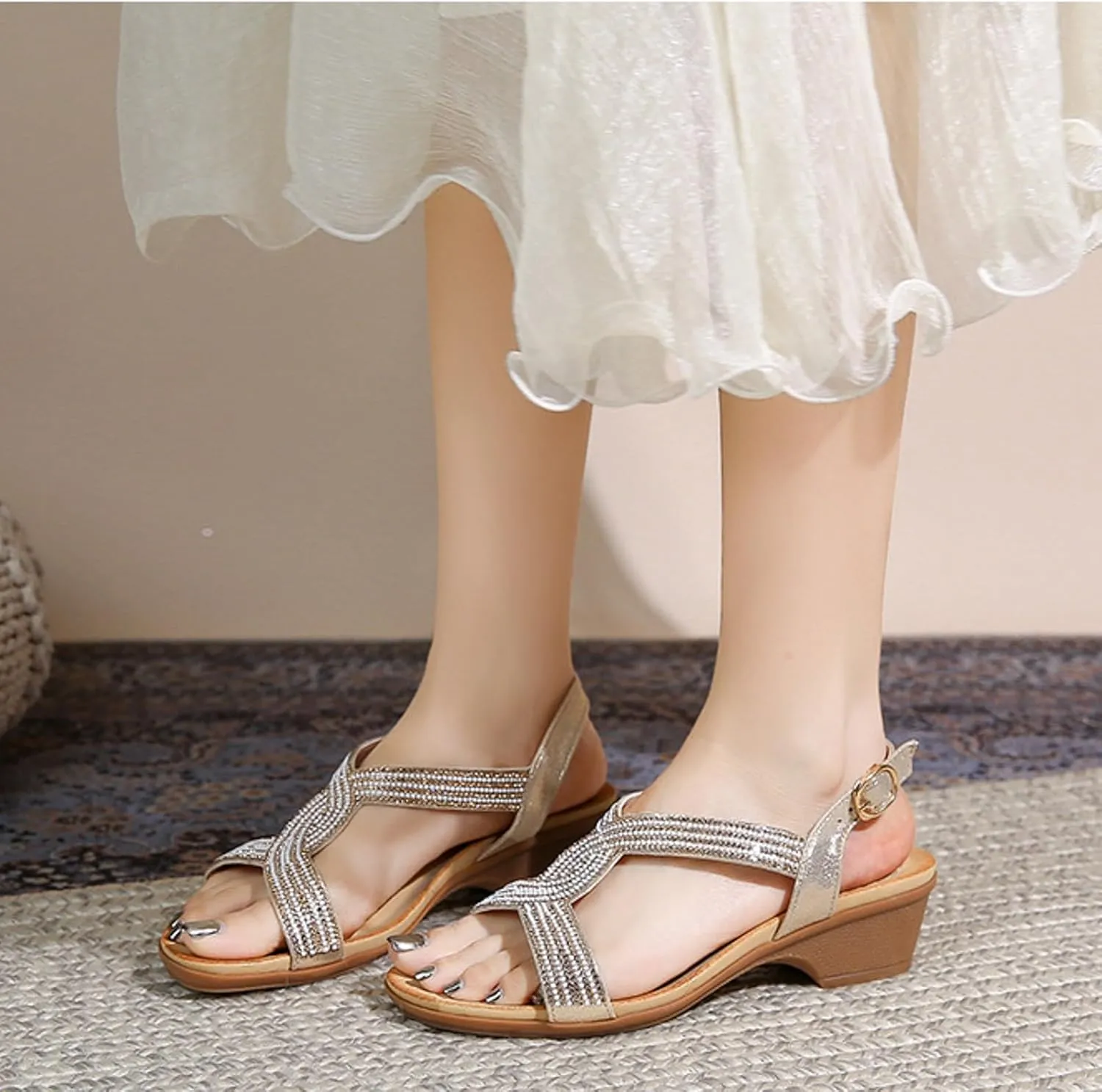 SuanlaTDS Wedge Sandals for Women Rhinestones Open Toe Ankle Strap Buckle Platform Wedding Shoes Party Pumps Comfortable Bohemian Low Wedges Chunky Block Heels Summer Dress Sandals
