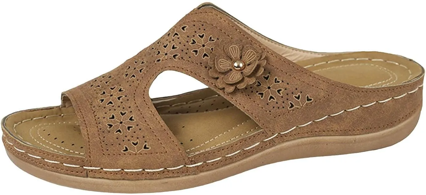 SuanlaTDS Womens Wedge Sandals Dressy 2025 Orthotic Cushion Arch Support Comfortable Summer Casual Beach Shoes Daily Wear Slip-on Platform Slip-on Slides Low Heel Outdoor Slide Sandal