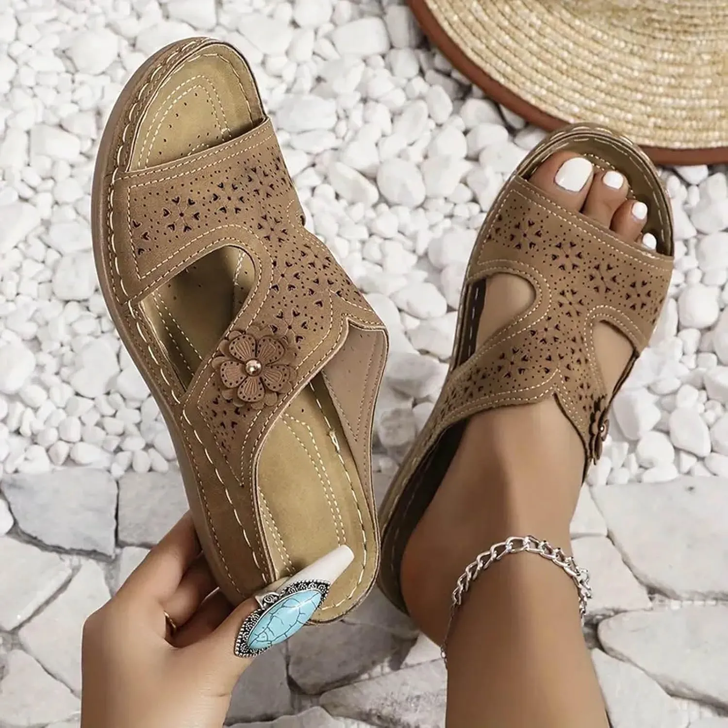 SuanlaTDS Womens Wedge Sandals Dressy 2025 Orthotic Cushion Arch Support Comfortable Summer Casual Beach Shoes Daily Wear Slip-on Platform Slip-on Slides Low Heel Outdoor Slide Sandal