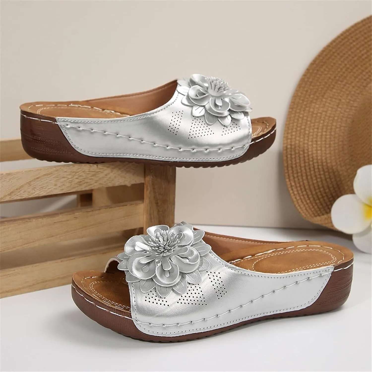 Summer Beach Sandals for Women 2025 Boho Flower Beach Slides with Low Wedge Heel Comfortable Open Toe Hollow Out Slippers Lightweight Walk Slip on Shoes for Dressy Casual Wear