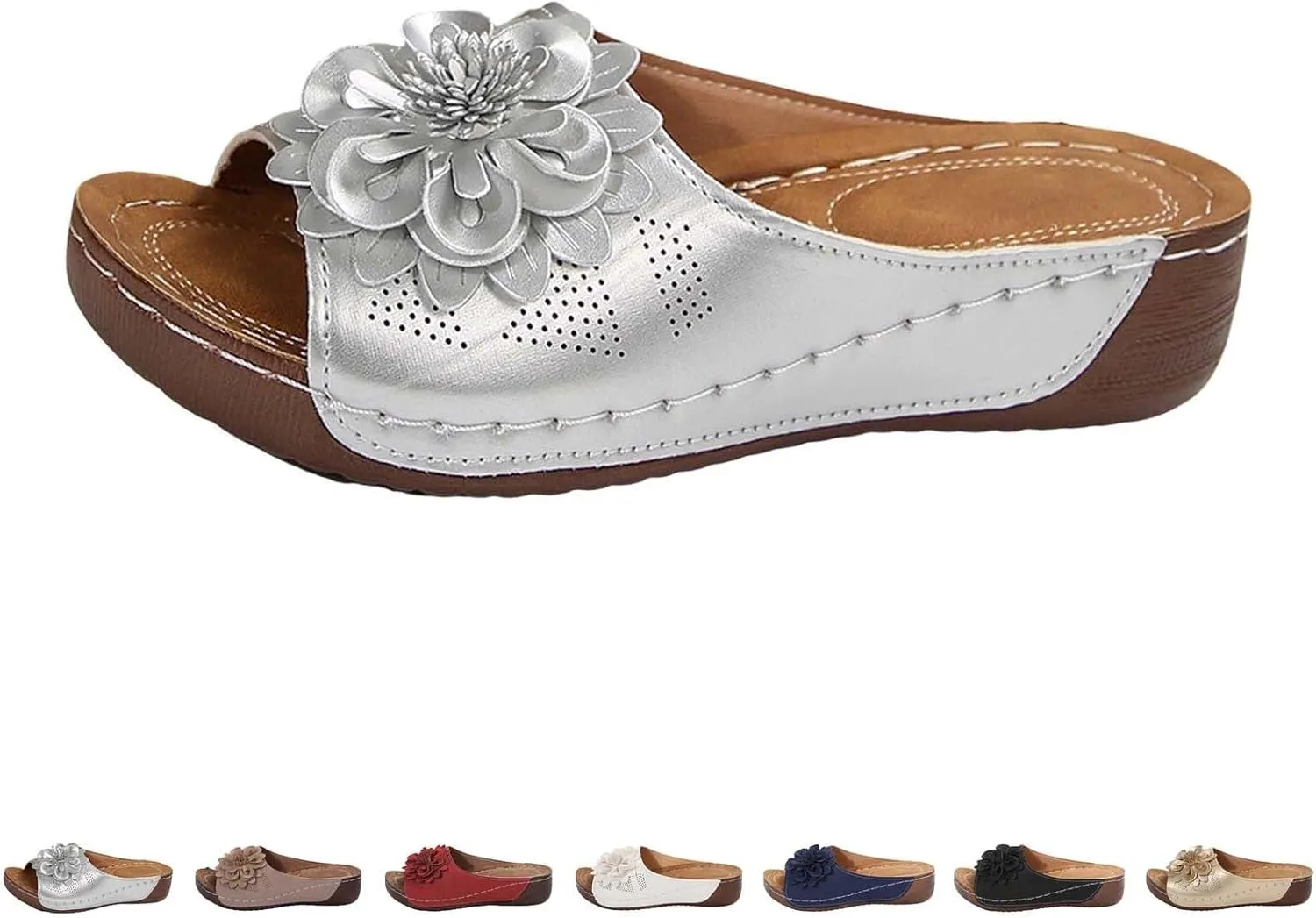 Summer Beach Sandals for Women 2025 Boho Flower Beach Slides with Low Wedge Heel Comfortable Open Toe Hollow Out Slippers Lightweight Walk Slip on Shoes for Dressy Casual Wear