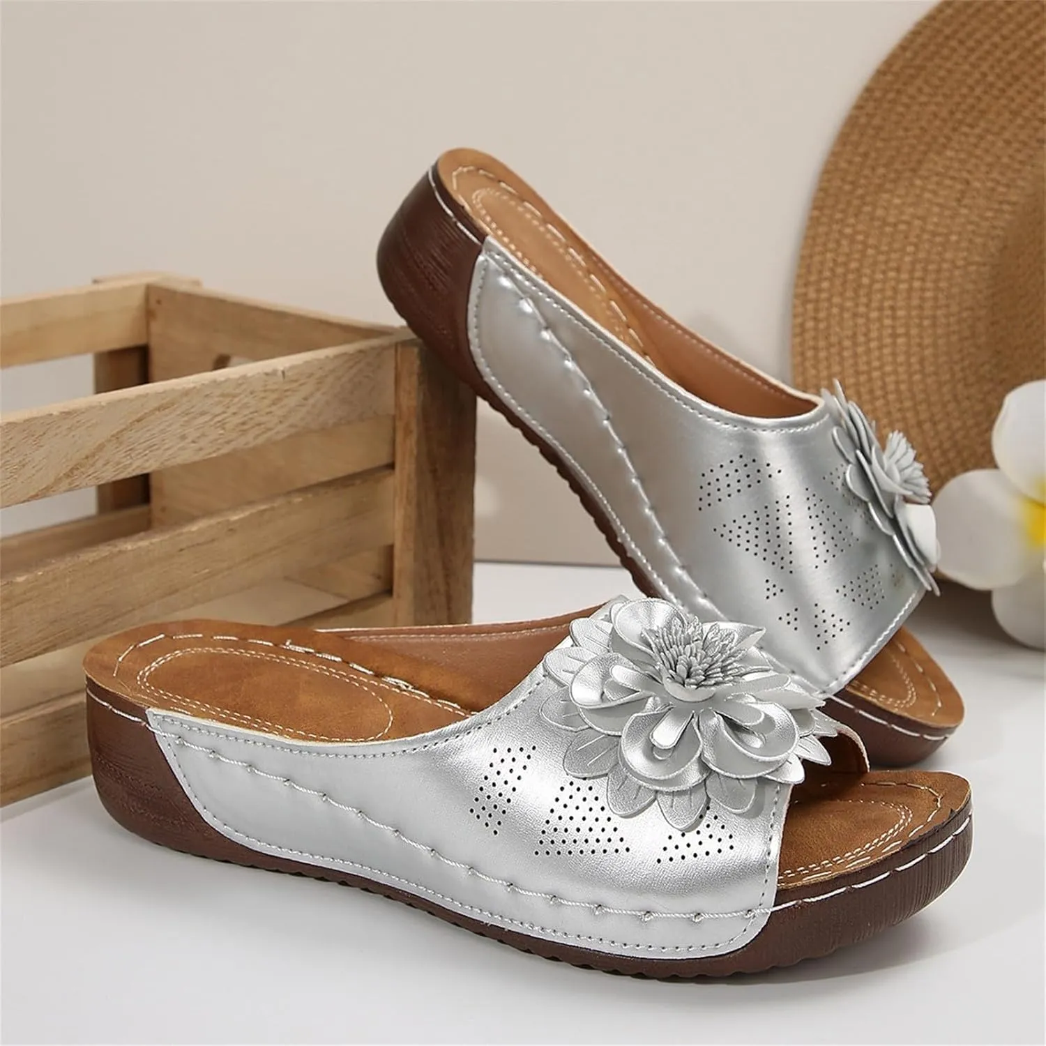 Summer Beach Sandals for Women 2025 Boho Flower Beach Slides with Low Wedge Heel Comfortable Open Toe Hollow Out Slippers Lightweight Walk Slip on Shoes for Dressy Casual Wear