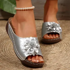 Summer Beach Sandals for Women 2025 Boho Flower Beach Slides with Low Wedge Heel Comfortable Open Toe Hollow Out Slippers Lightweight Walk Slip on Shoes for Dressy Casual Wear