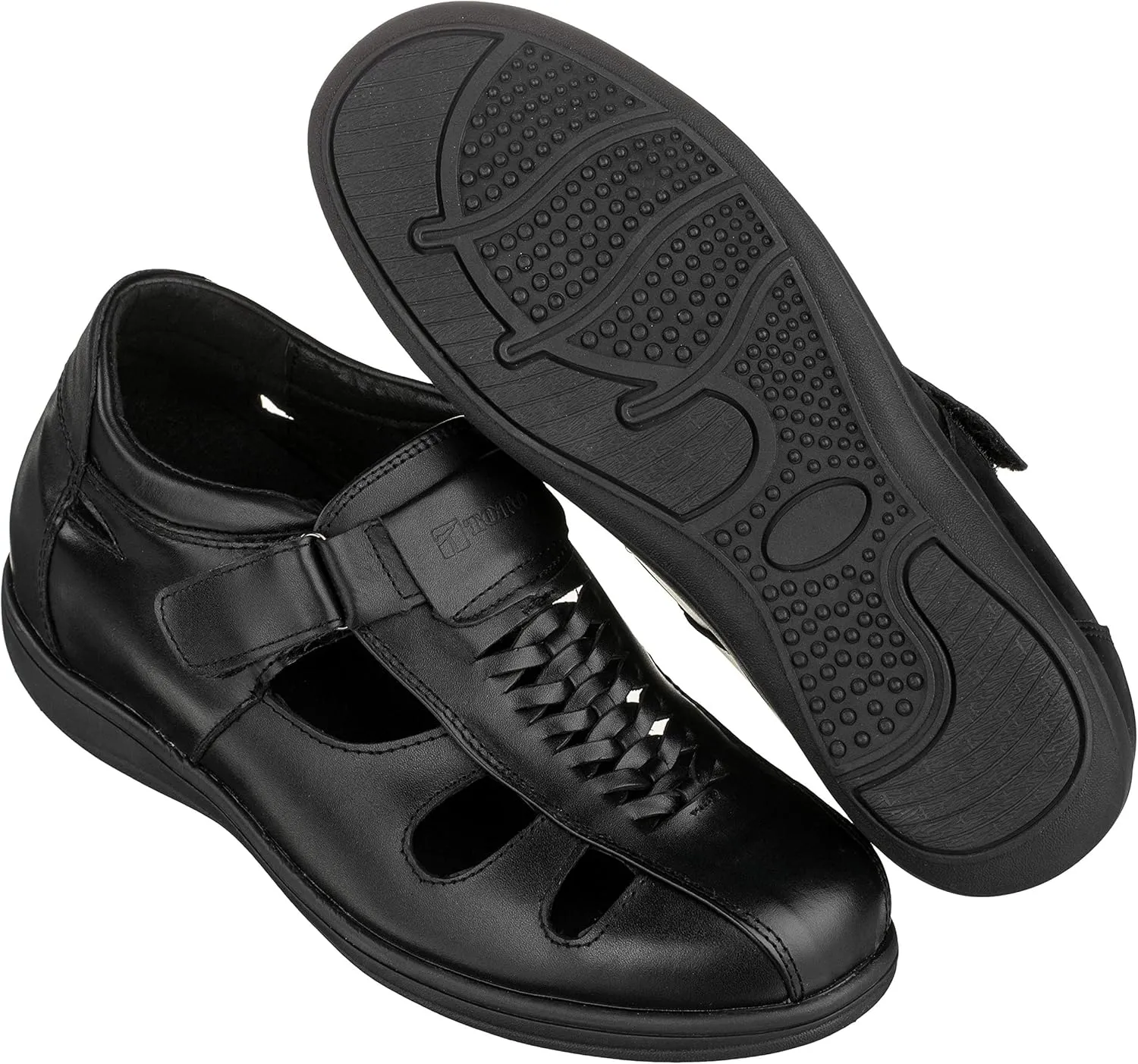 TOTO Men's Invisible Height Increasing Elevator Shoes - Black Leather Slip-on Super Lightweight Open-toe Sandals - 3.2 Inches Taller - G1307 - Size 11 D(M) US