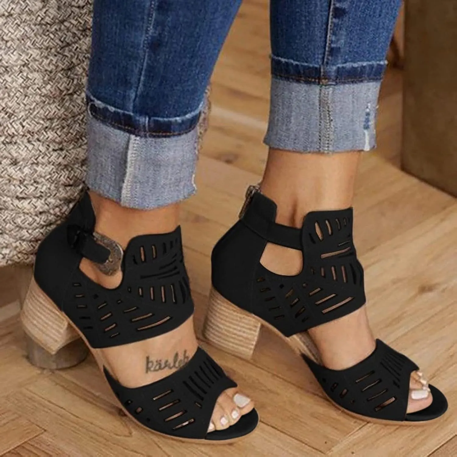 Walking Sandals Women, Womens Sandals Sexy Hollow Floral Lace Chunky High Heels Peep Toe Platform Boots