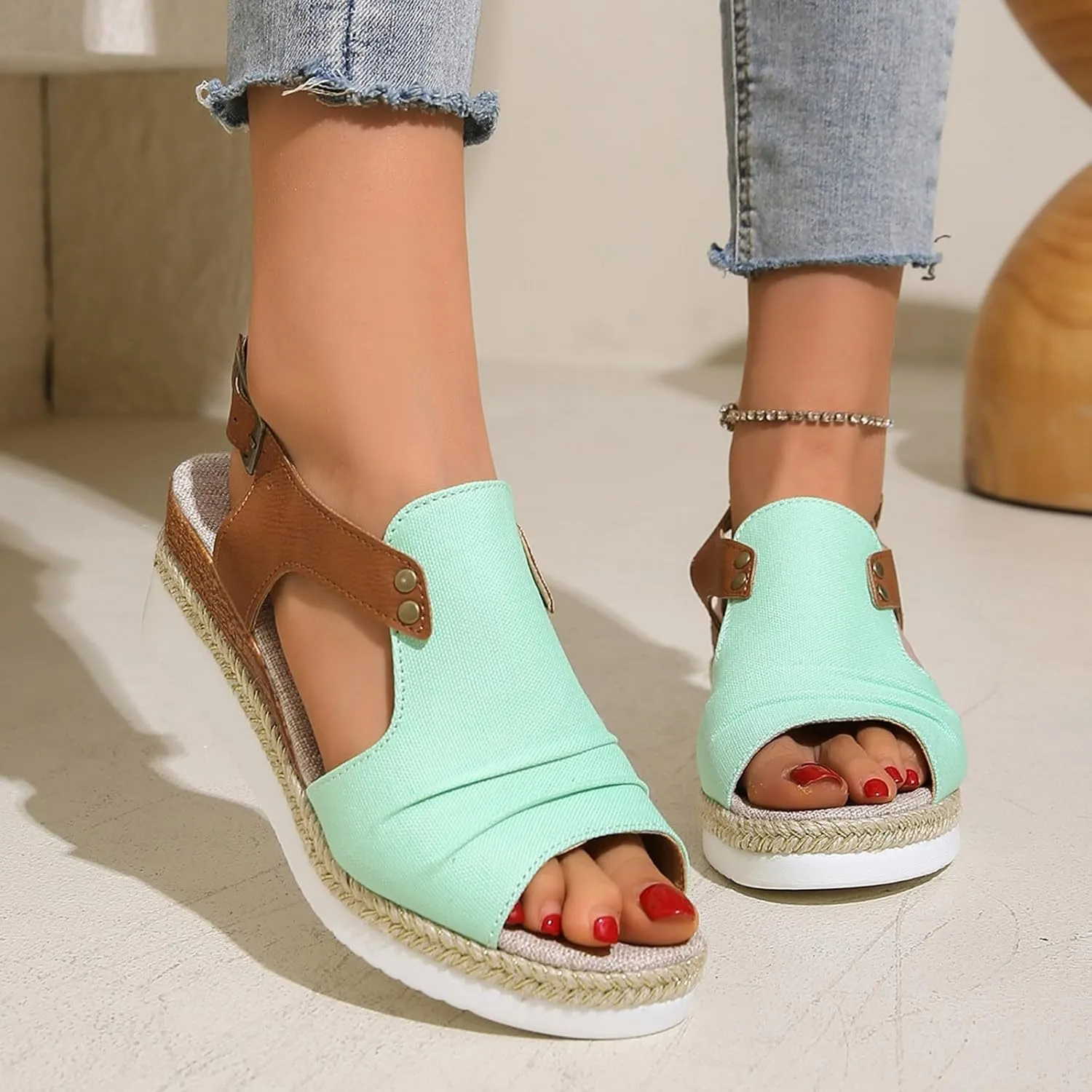 Wedges for Women Women's Ankle Strap Low Wedge Sandals Silver Wedges Summer Outdoor Camping Walking Beach Sandals