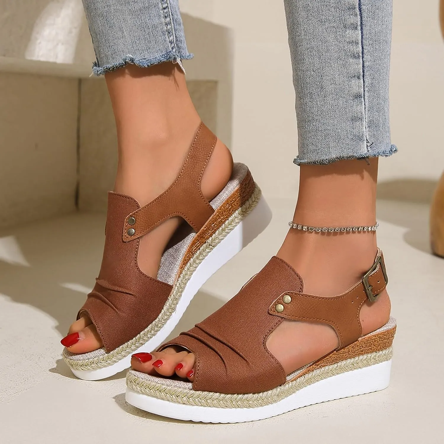 Wedges for Women Women's Ankle Strap Low Wedge Sandals Silver Wedges Summer Outdoor Camping Walking Beach Sandals