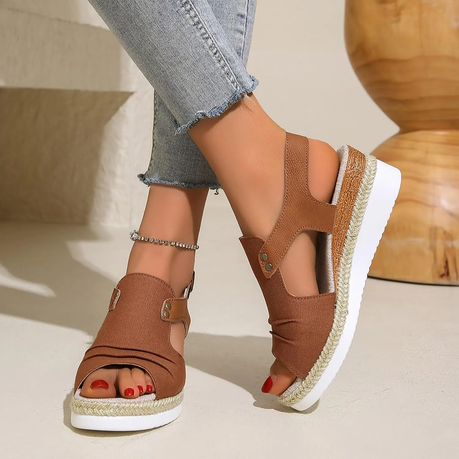 Wedges for Women Women's Ankle Strap Low Wedge Sandals Silver Wedges Summer Outdoor Camping Walking Beach Sandals