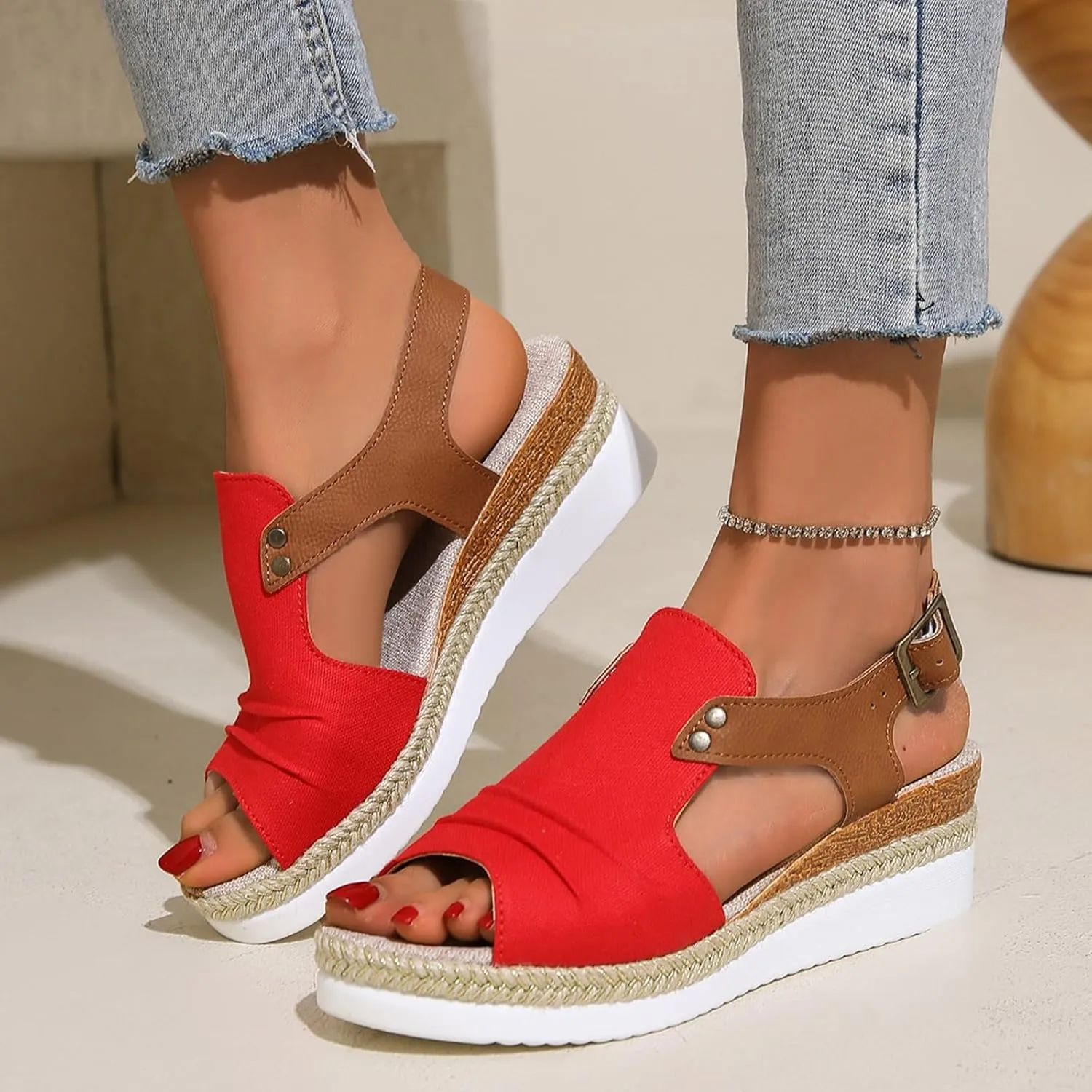 Wedges for Women Women's Ankle Strap Low Wedge Sandals Silver Wedges Summer Outdoor Camping Walking Beach Sandals