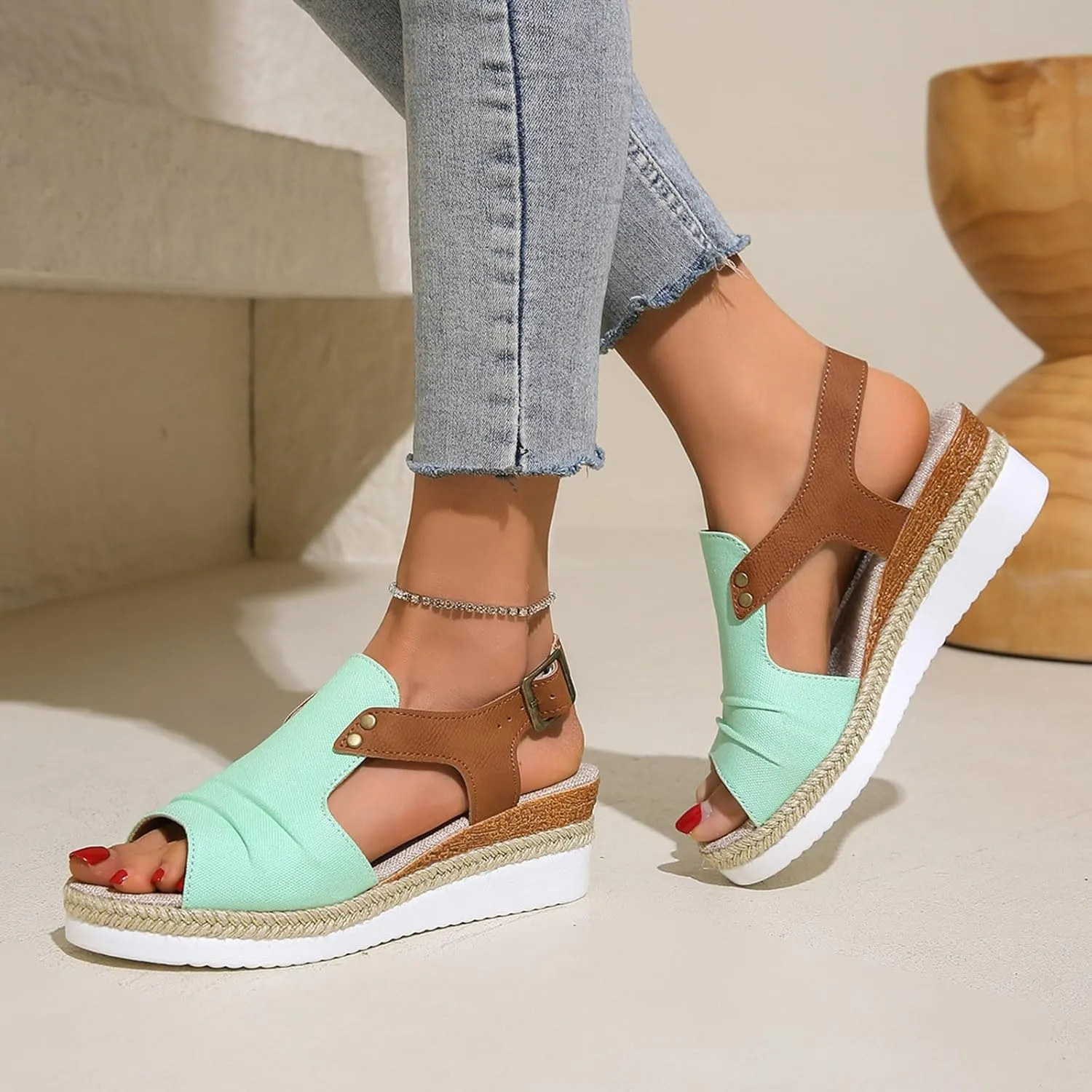 Wedges for Women Women's Ankle Strap Low Wedge Sandals Silver Wedges Summer Outdoor Camping Walking Beach Sandals
