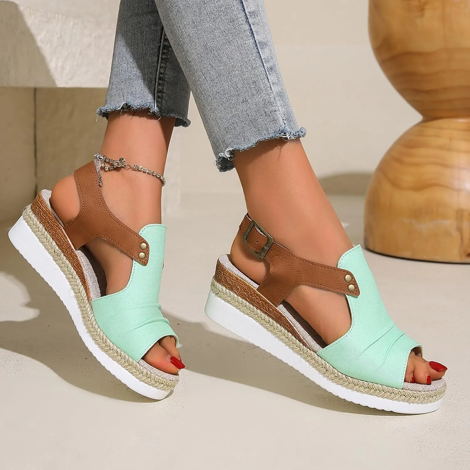 Wedges for Women Women's Ankle Strap Low Wedge Sandals Silver Wedges Summer Outdoor Camping Walking Beach Sandals