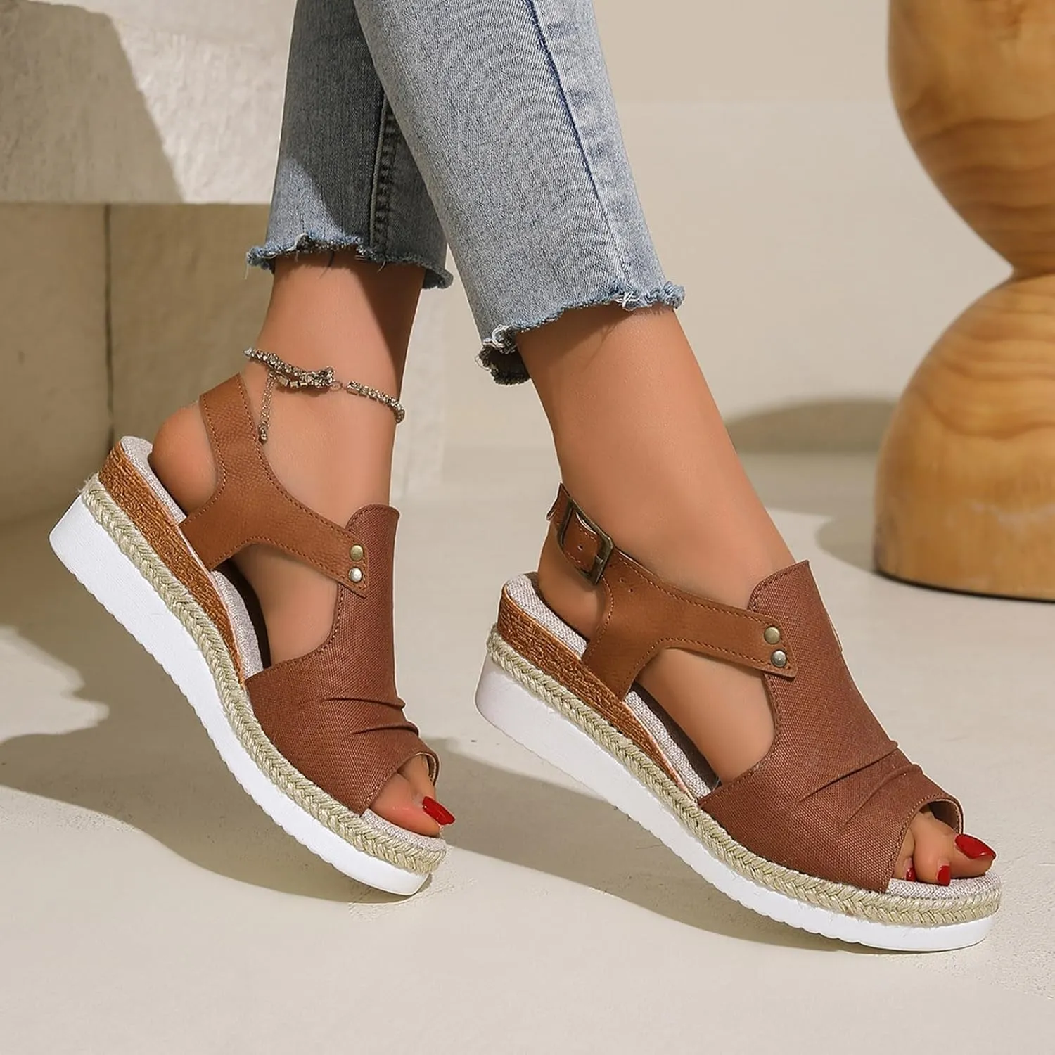 Wedges for Women Women's Ankle Strap Low Wedge Sandals Silver Wedges Summer Outdoor Camping Walking Beach Sandals