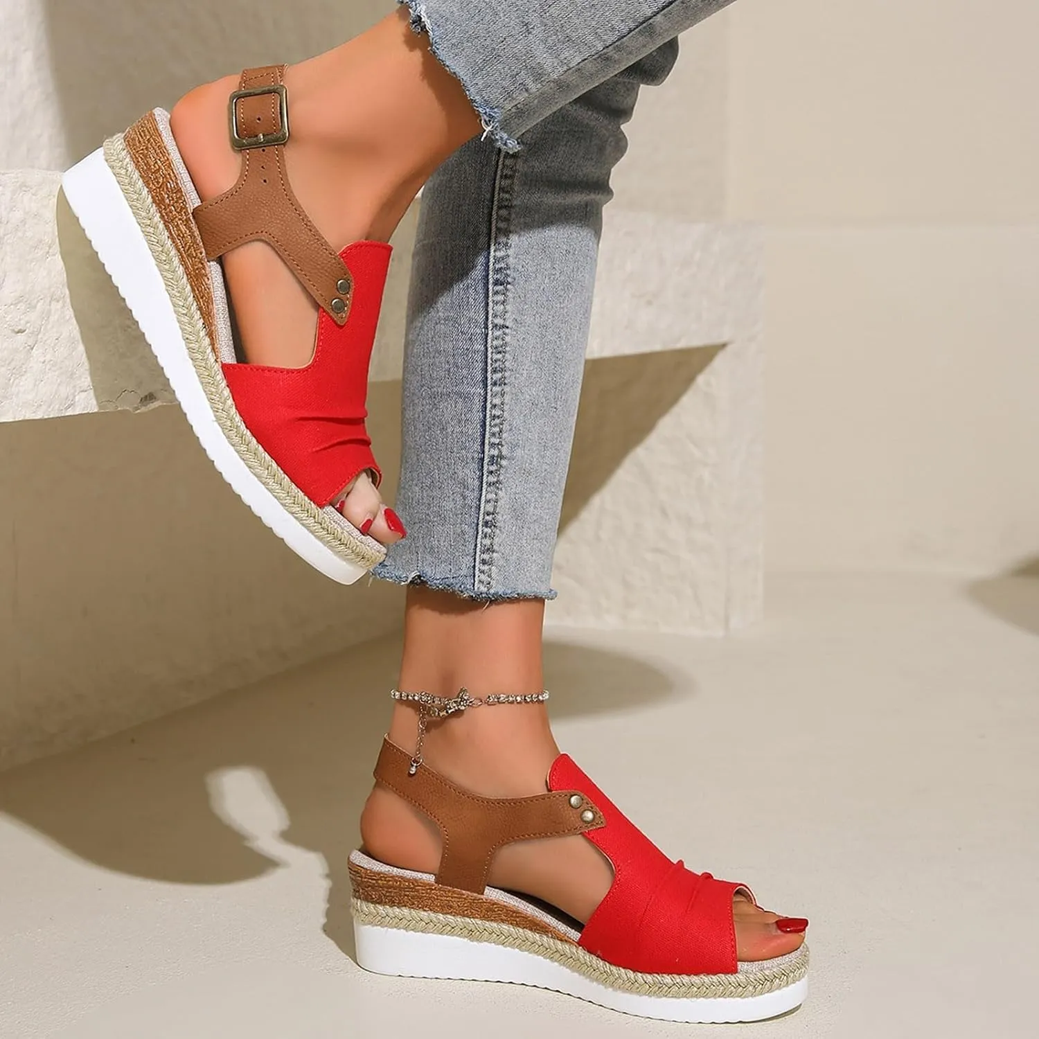 Wedges for Women Women's Ankle Strap Low Wedge Sandals Silver Wedges Summer Outdoor Camping Walking Beach Sandals
