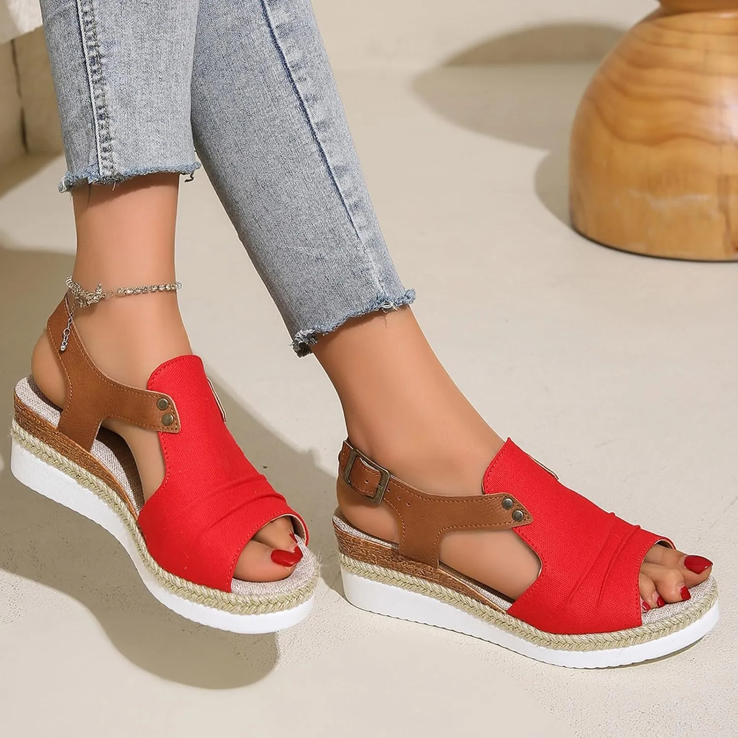 Wedges for Women Women's Ankle Strap Low Wedge Sandals Silver Wedges Summer Outdoor Camping Walking Beach Sandals