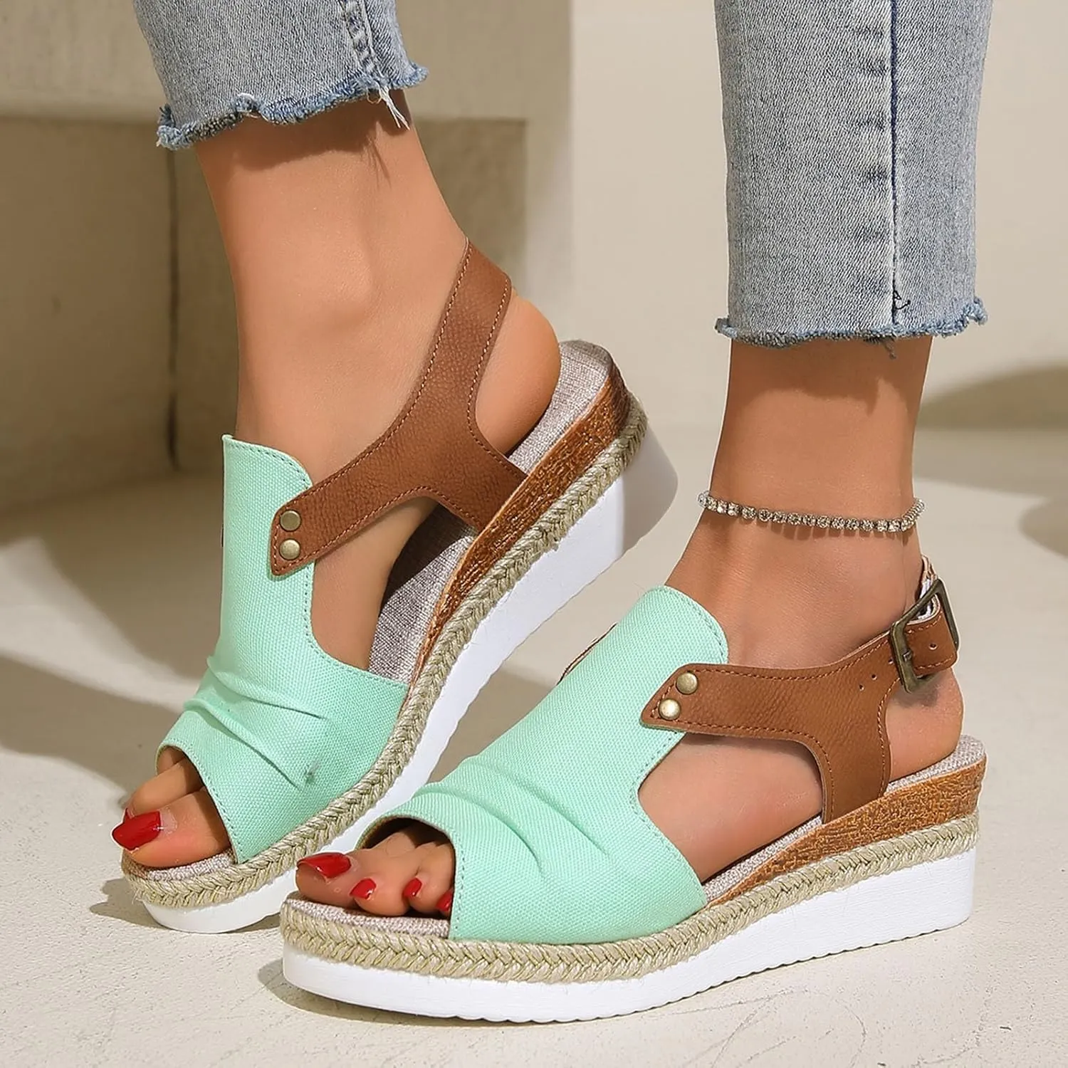 Wedges for Women Women's Ankle Strap Low Wedge Sandals Silver Wedges Summer Outdoor Camping Walking Beach Sandals