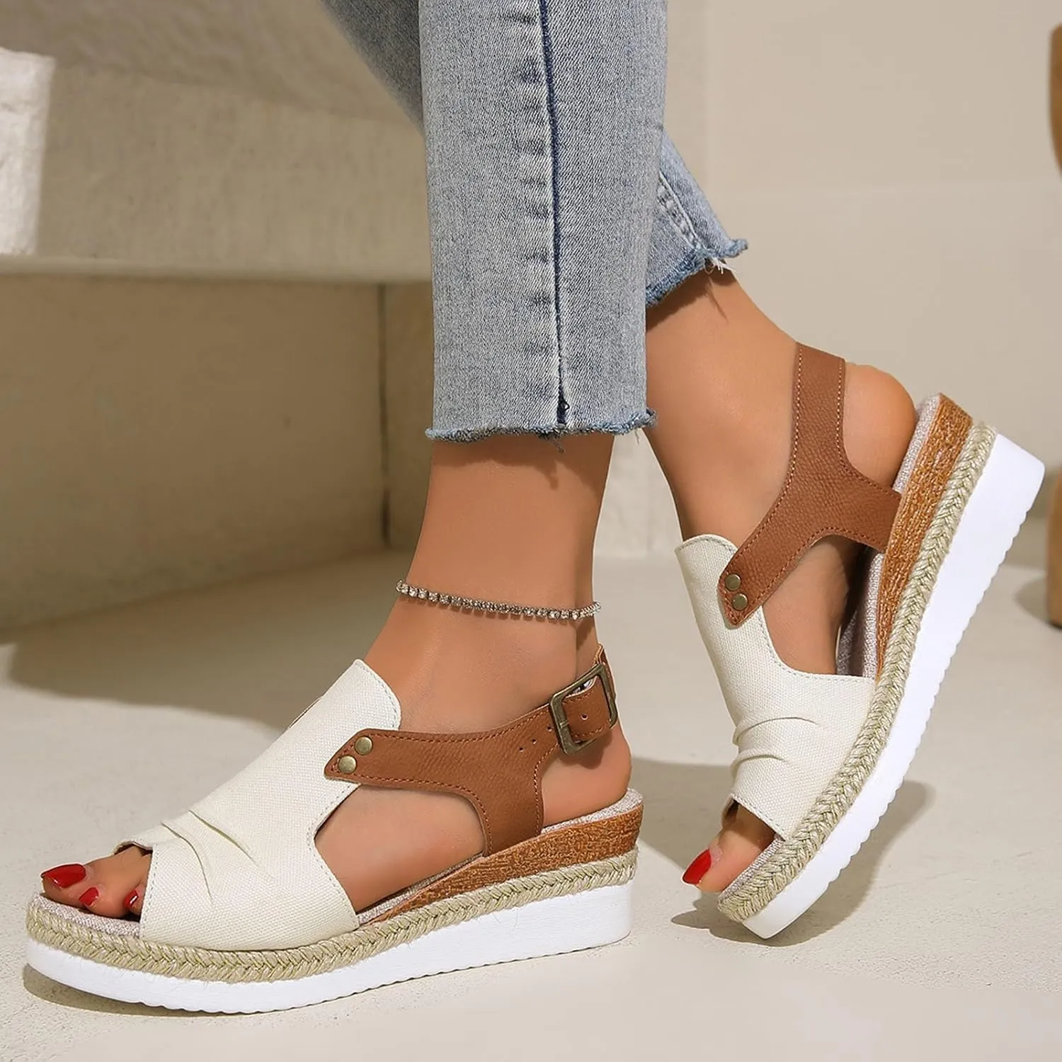 Wedges for Women Women's Ankle Strap Low Wedge Sandals Silver Wedges Summer Outdoor Camping Walking Beach Sandals