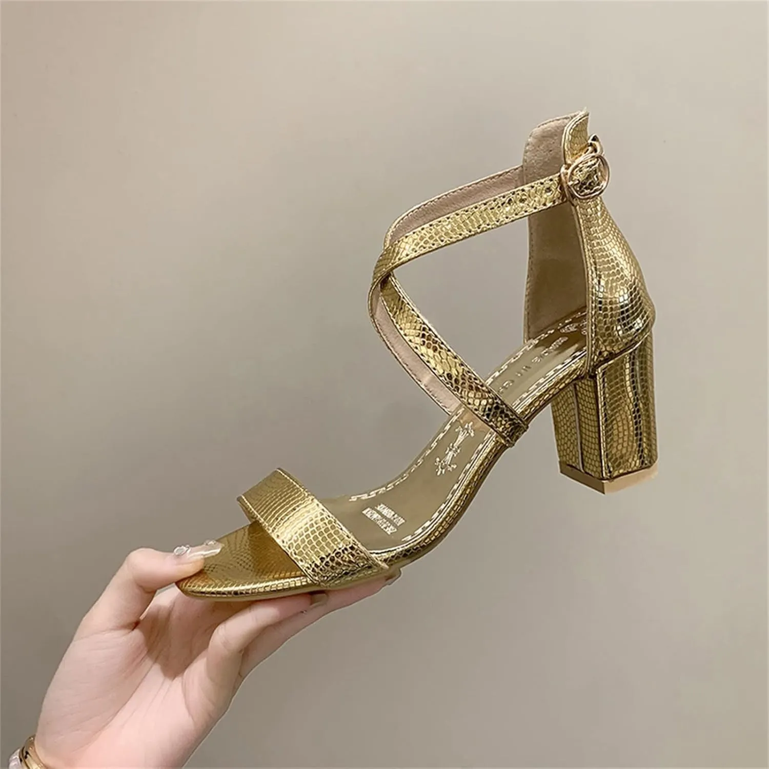 Wide Platform Heels for Women Strappy Heels Square Toe Sandals Metallic Chunky Flare Heels Ankle Strap Shoes