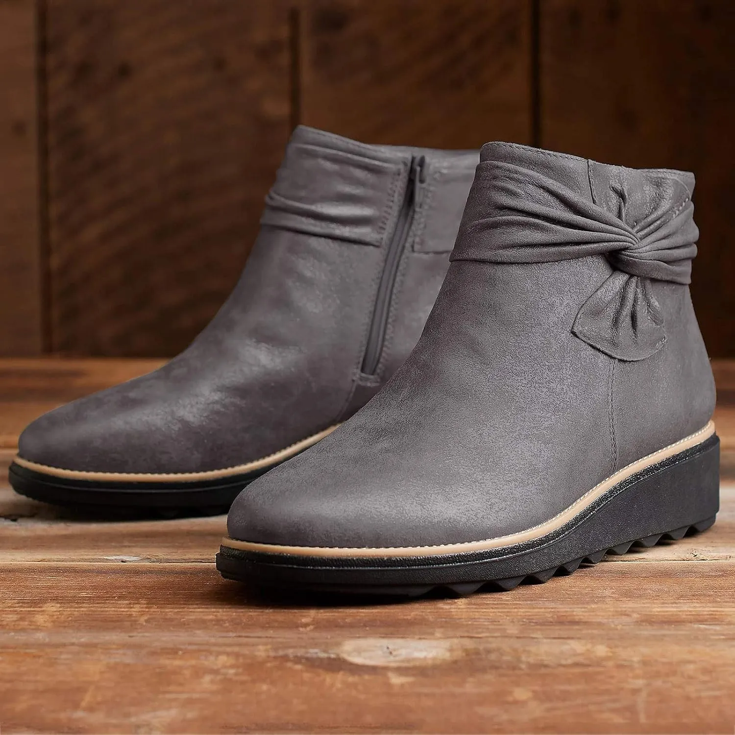 Women Ankle Boots Suede Low Heel Wide Width Walking Shoes with Arch Support Comfortable Slip on Platform Dress Shoes