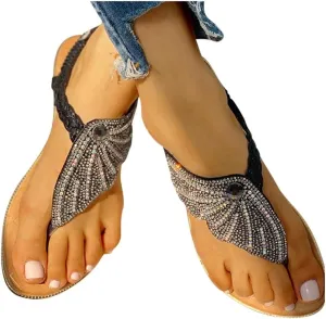 Women Rhinestone Flat Sandals Summer Dressy Beach Slip On T-Strap Buckle Bohemian Flat Sandals Open Toe Slide Sandal