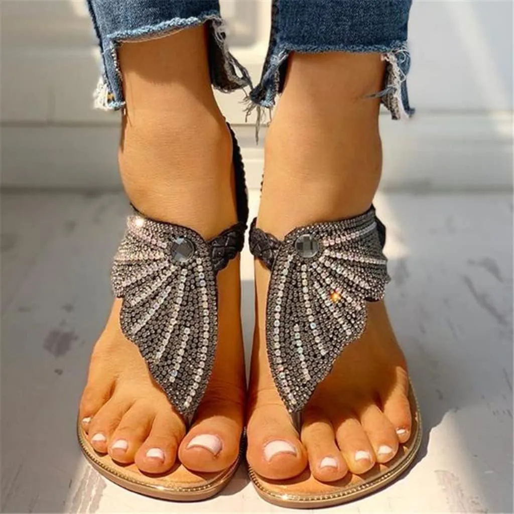 Women Rhinestone Flat Sandals Summer Dressy Beach Slip On T-Strap Buckle Bohemian Flat Sandals Open Toe Slide Sandal