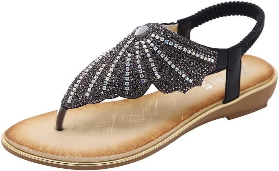 Women Rhinestone Flat Sandals Summer Dressy Beach Slip On T-Strap Buckle Bohemian Flat Sandals Open Toe Slide Sandal
