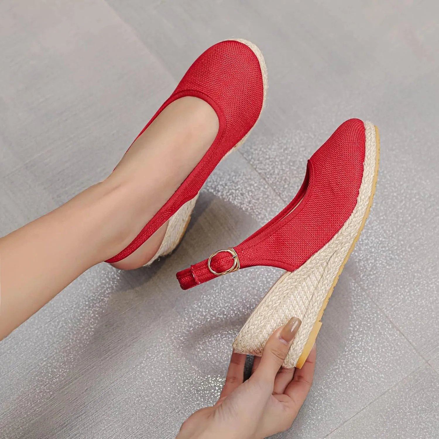 Womens Closed Toe Espadrille Wedge Heels Sandals, 2025 Retro Casual Ankle Strap Platform Wedges Summer Canvas Wide Width Sandal Pumps Low Chunky Rounded Elegant Working Espadrilles Shoes