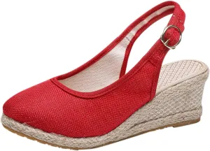 Womens Closed Toe Espadrille Wedge Heels Sandals, 2025 Retro Casual Ankle Strap Platform Wedges Summer Canvas Wide Width Sandal Pumps Low Chunky Rounded Elegant Working Espadrilles Shoes