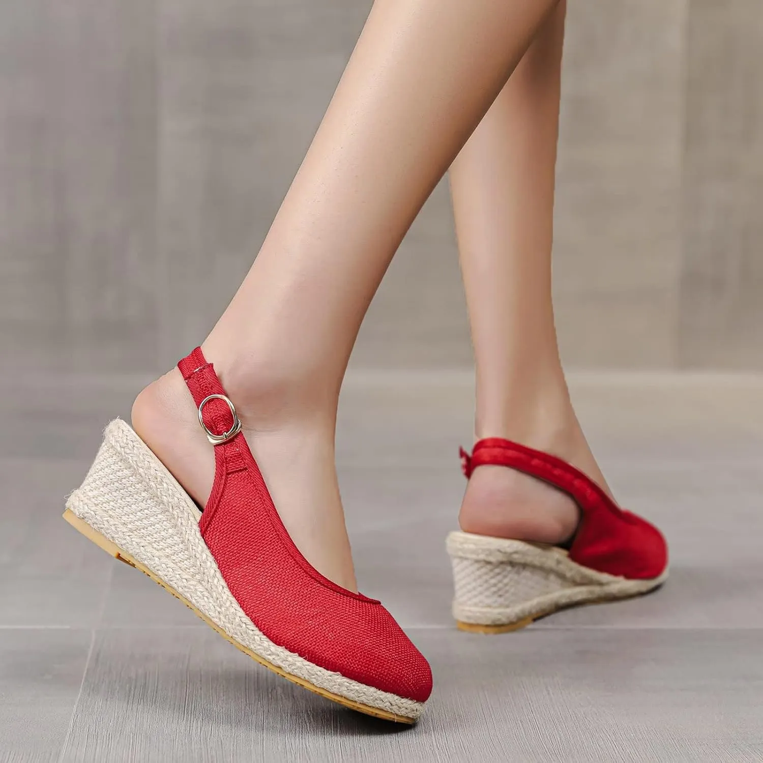 Womens Closed Toe Espadrille Wedge Heels Sandals, 2025 Retro Casual Ankle Strap Platform Wedges Summer Canvas Wide Width Sandal Pumps Low Chunky Rounded Elegant Working Espadrilles Shoes