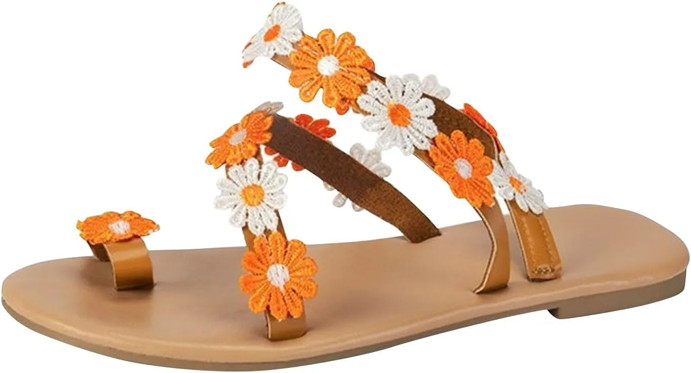 Womens Ethnic Style Beach Sandals Summer Dressy Boho Vacation Flats Trendy Flower Decor Clip Toe Sandal Flip Flops