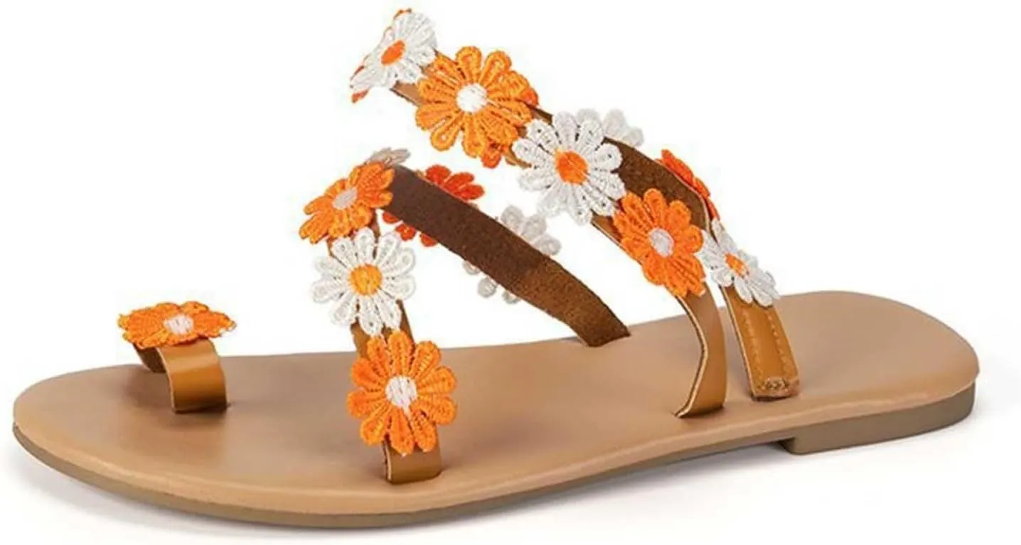 Womens Ethnic Style Beach Sandals Summer Dressy Boho Vacation Flats Trendy Flower Decor Clip Toe Sandal Flip Flops