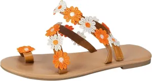 Womens Ethnic Style Beach Sandals Summer Dressy Boho Vacation Flats Trendy Flower Decor Clip Toe Sandal Flip Flops