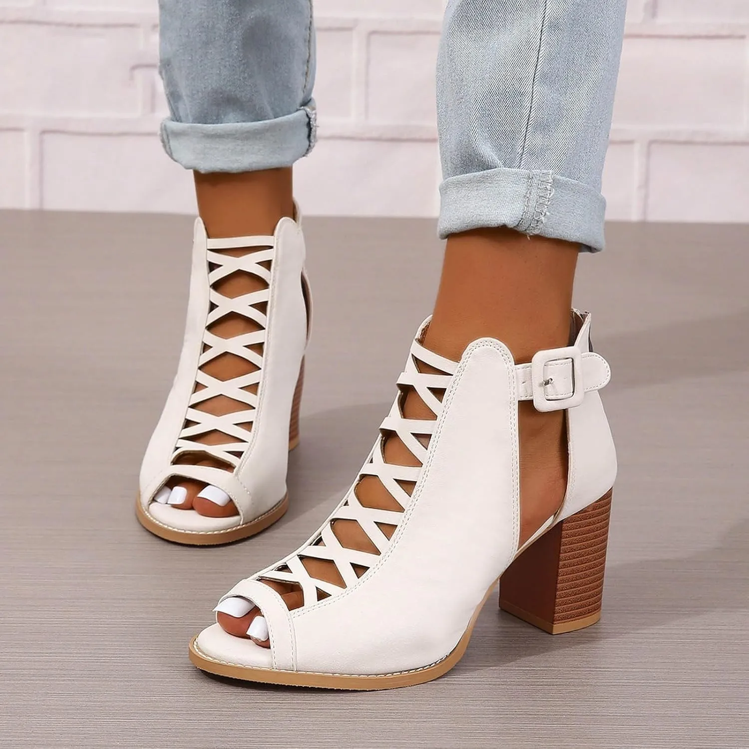 Women's Open Toe Booties with Block Heel and Side Comfortable and Stylish Cut Out Thong High Heels Sandals for Women