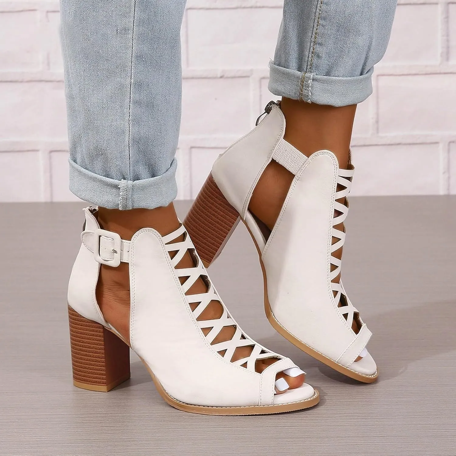 Women's Open Toe Booties with Block Heel and Side Comfortable and Stylish Cut Out Thong High Heels Sandals for Women