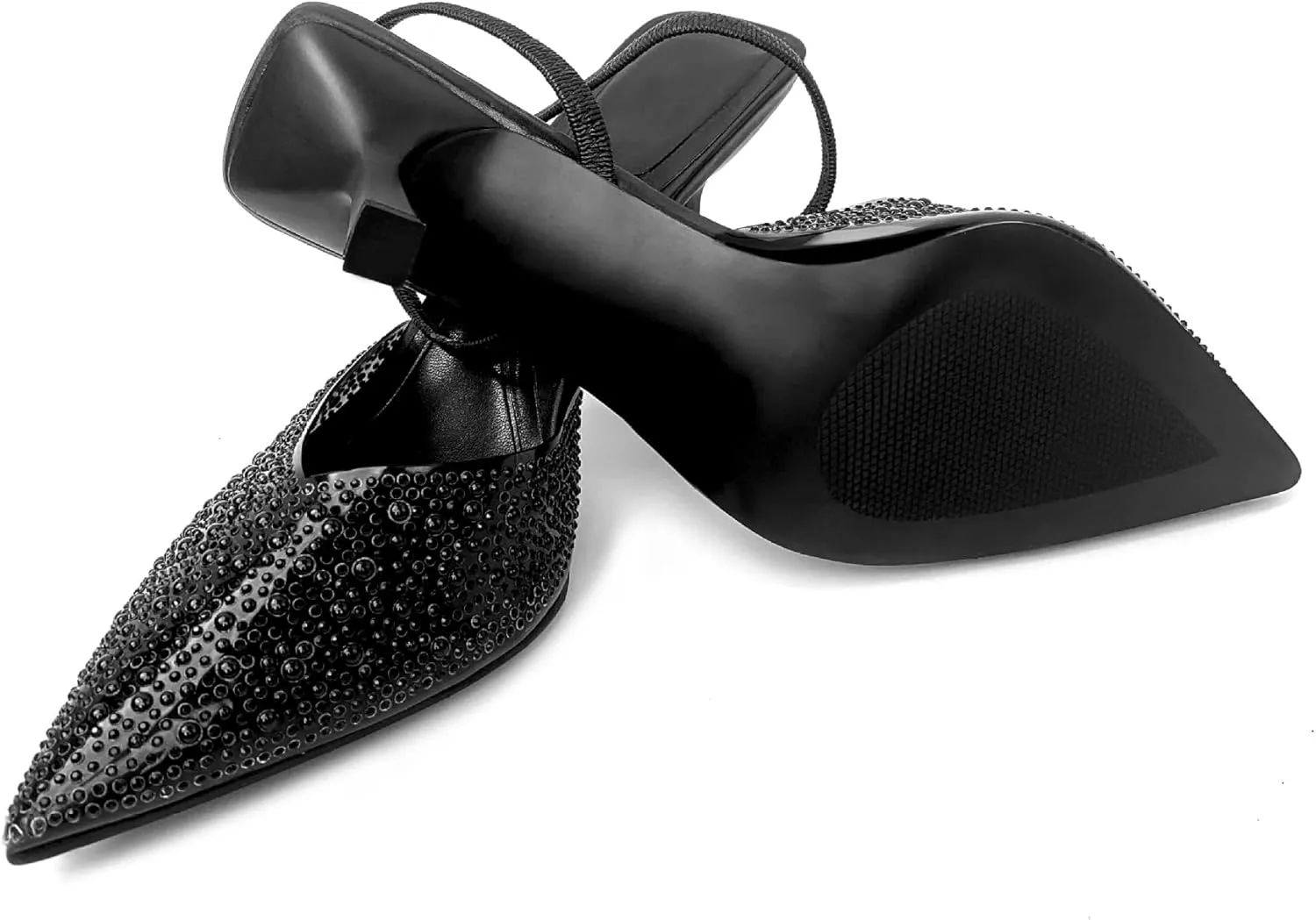 Women's Pearl Kitten Heels Pointed Toe Clear Slingback Pumps Mesh Rhinestone Backless Heeled Sandals Wedding Dressy Party Shoes
