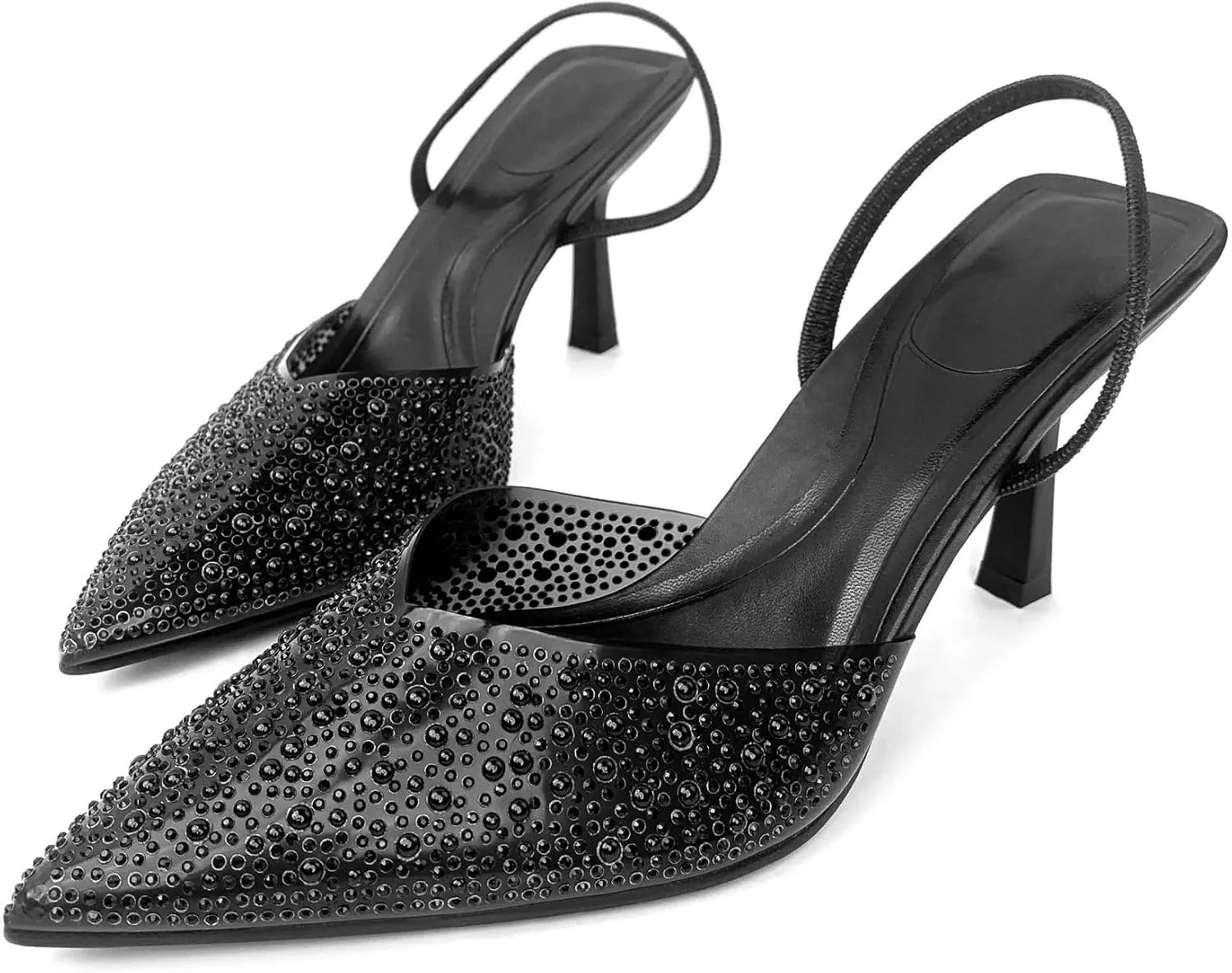 Women's Pearl Kitten Heels Pointed Toe Clear Slingback Pumps Mesh Rhinestone Backless Heeled Sandals Wedding Dressy Party Shoes