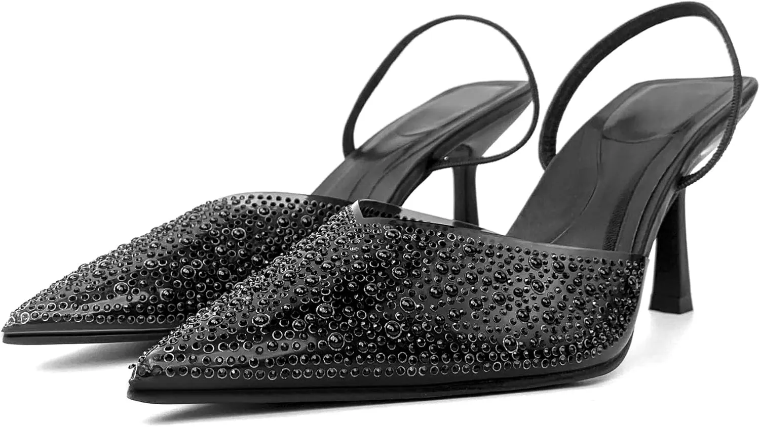 Women's Pearl Kitten Heels Pointed Toe Clear Slingback Pumps Mesh Rhinestone Backless Heeled Sandals Wedding Dressy Party Shoes