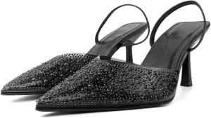 Women's Pearl Kitten Heels Pointed Toe Clear Slingback Pumps Mesh Rhinestone Backless Heeled Sandals Wedding Dressy Party Shoes
