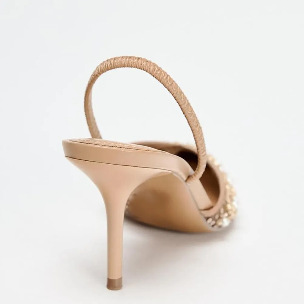 Women's Pearl Kitten Heels Pointed Toe Clear Slingback Pumps Mesh Rhinestone Backless Heeled Sandals Wedding Dressy Party Shoes