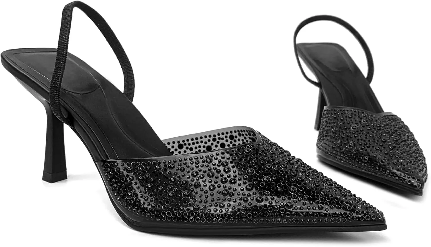 Women's Pearl Kitten Heels Pointed Toe Clear Slingback Pumps Mesh Rhinestone Backless Heeled Sandals Wedding Dressy Party Shoes