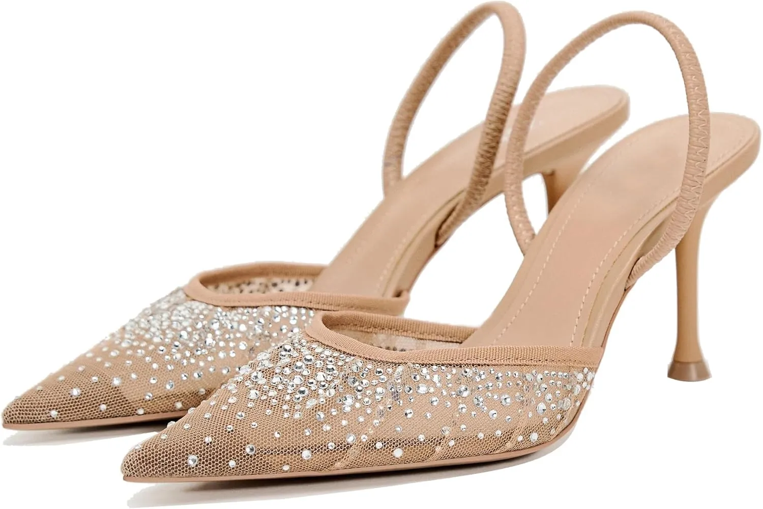 Women's Pearl Kitten Heels Pointed Toe Clear Slingback Pumps Mesh Rhinestone Backless Heeled Sandals Wedding Dressy Party Shoes