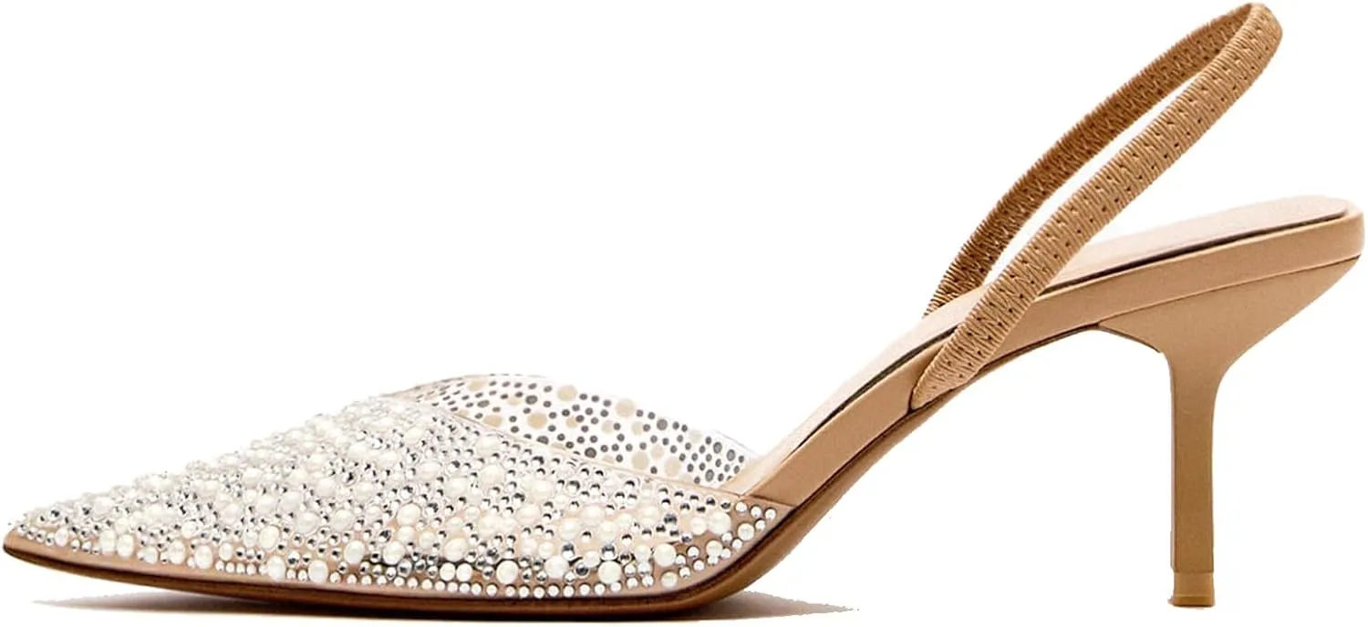 Women's Pearl Kitten Heels Pointed Toe Clear Slingback Pumps Mesh Rhinestone Backless Heeled Sandals Wedding Dressy Party Shoes
