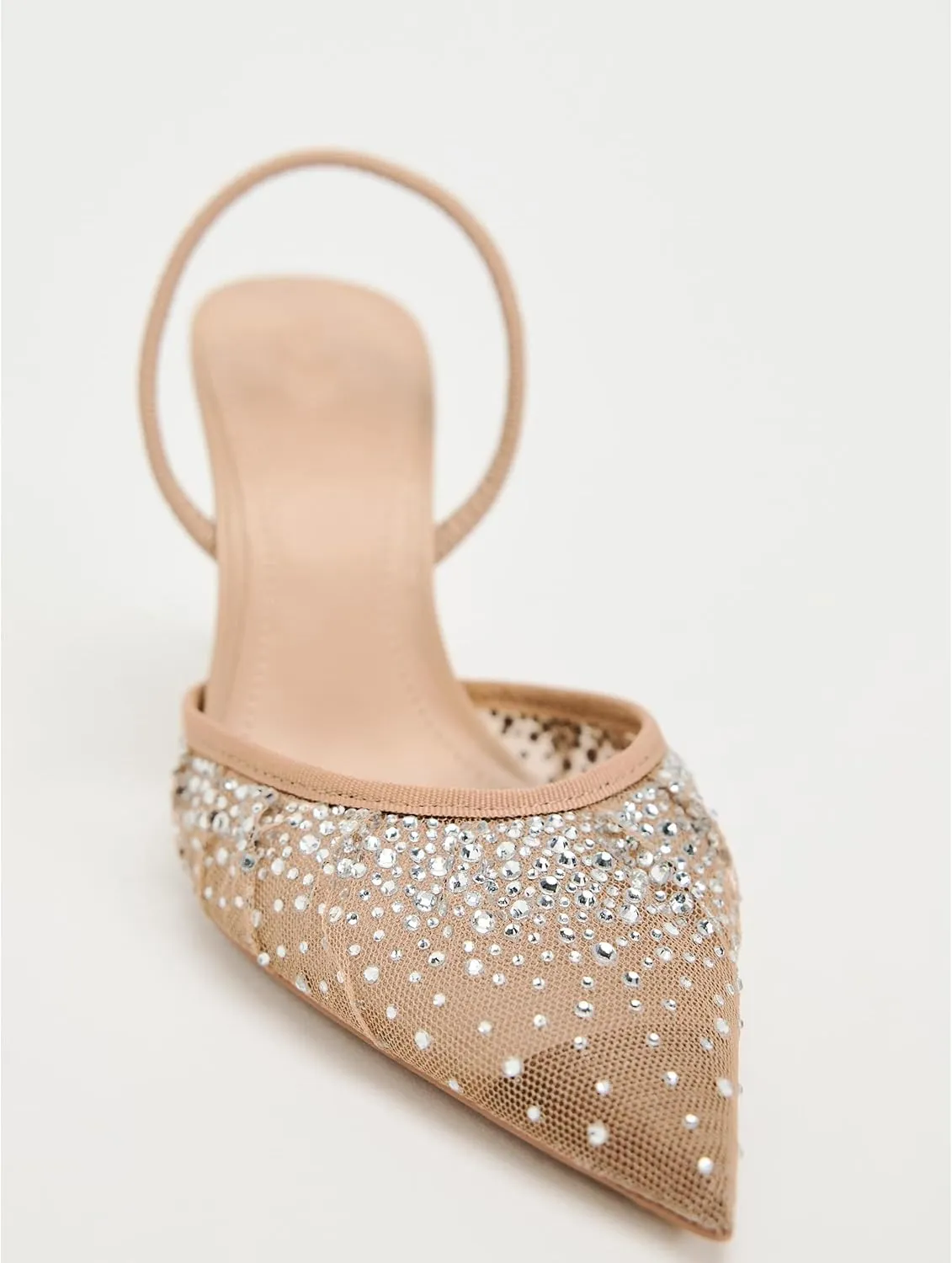 Women's Pearl Kitten Heels Pointed Toe Clear Slingback Pumps Mesh Rhinestone Backless Heeled Sandals Wedding Dressy Party Shoes