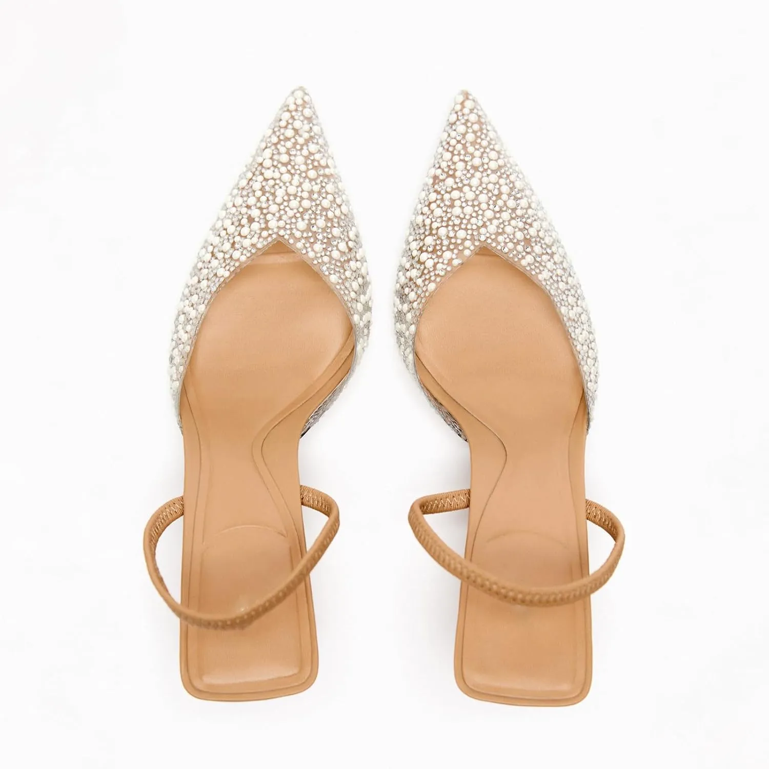 Women's Pearl Kitten Heels Pointed Toe Clear Slingback Pumps Mesh Rhinestone Backless Heeled Sandals Wedding Dressy Party Shoes