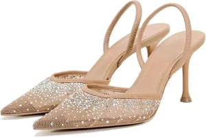 Women's Pearl Kitten Heels Pointed Toe Clear Slingback Pumps Mesh Rhinestone Backless Heeled Sandals Wedding Dressy Party Shoes
