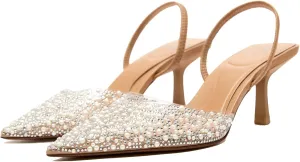 Women's Pearl Kitten Heels Pointed Toe Clear Slingback Pumps Mesh Rhinestone Backless Heeled Sandals Wedding Dressy Party Shoes