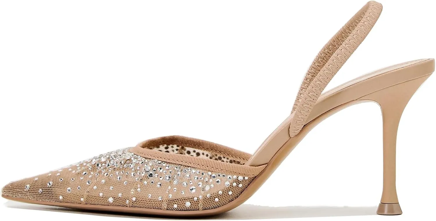 Women's Pearl Kitten Heels Pointed Toe Clear Slingback Pumps Mesh Rhinestone Backless Heeled Sandals Wedding Dressy Party Shoes