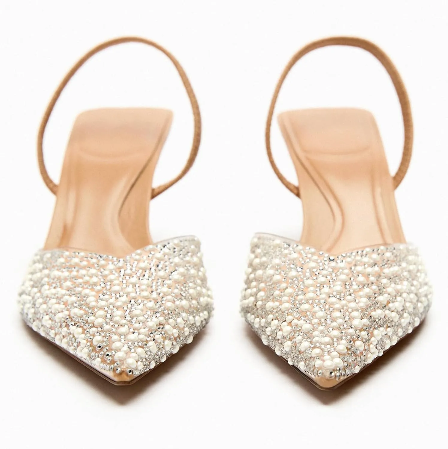 Women's Pearl Kitten Heels Pointed Toe Clear Slingback Pumps Mesh Rhinestone Backless Heeled Sandals Wedding Dressy Party Shoes